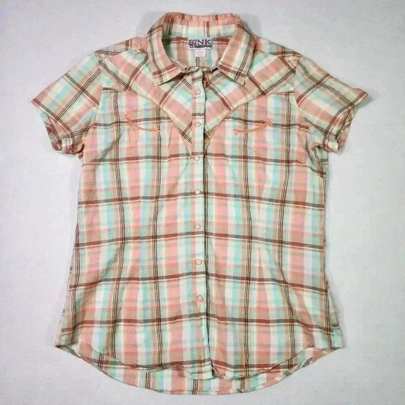 Pink Cattelac Tops - PINK Cattlelac Women's Western Short Sleeve L Peach‎ Plaid Snaps Cowgirl Rodeo